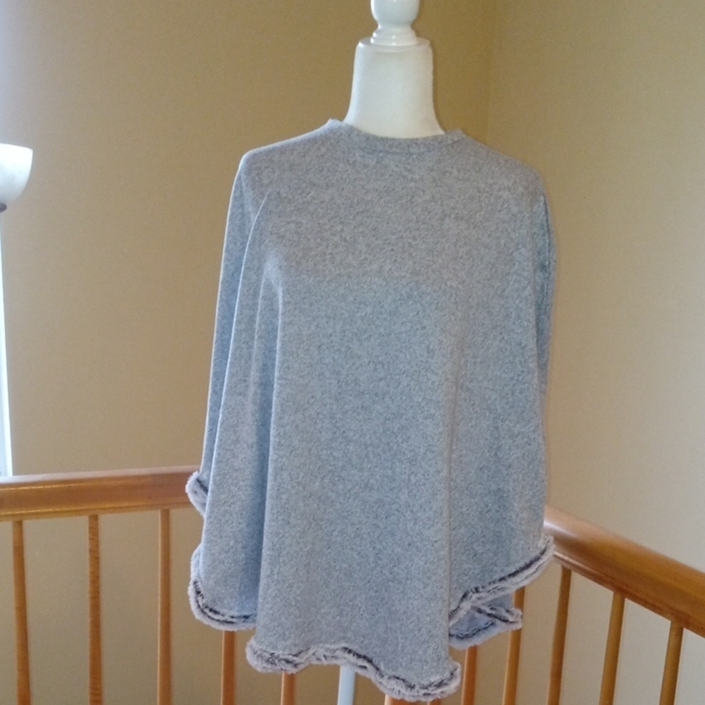 Top It Off Heather Gray Poncho Sweater with Decorative Faux Fur Trim